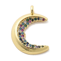 Настоящее золото 18K Латунные микро-паве красочные кубические циркониевые подвески, луна, стойки покрытие, долговечный, без свинца и без кадмия, реальный 18 k позолоченный, 22x16.5x3.5 мм, отверстие : 2 мм