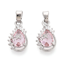 Платина Латунные микро проложить кубического циркония подвески, без кадмия, без никеля и без свинца, слеза, платина, 16x9.5x5~5.5 мм, отверстие : 4.5x2.5 мм
