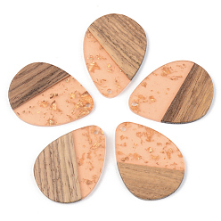 Темный Лосось Подвески из прозрачной смолы и ореха, золотой фольгой, слеза, темный лосось, 35.5x26x3 мм, отверстие : 2 мм