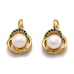 Golden Brass Micro Pave Cubic Zirconia Pendants, Long-Lasting Plated, with Natural Pearls, Golden, 13.5x11x6.3mm, Hole: 3mm