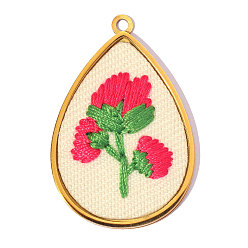 Настоящее золото 18K 304 Подвески из нержавеющей стали с тканевой отделкой, ионное покрытие (ip), слезинка с цветочными подвесками, ручная полировка, ярко-розовый, реальный 18 k позолоченный, 31x21 мм, отверстие : 2 мм
