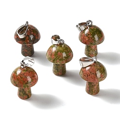 Unakite Natural Unakite Pendants, Mushroom Charms, with 304 Stainless Steel Snap on Bails, Stainless Steel Color, 24~25x16mm, Hole: 7.5x4mm