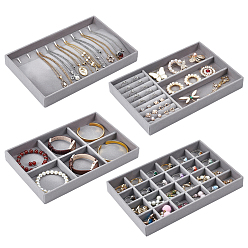 Gray 4Pcs 4 Styles MDF Covered with Velvet Jewelry Display Trays, Rectangle, Gray, 23.7x15.3x2.8cm, 1pc/style