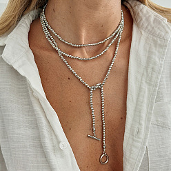 Платина CCB пластиковые круглые многослойные колье-лариаты с бусинами и застежками из сплава для женщин, платина, 55.12 дюйм (140 см)