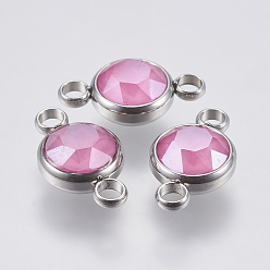 Ярко-Розовый К 9 соединители стеклянные звенья, граненые, с 304 фурнитурой из нержавеющей стали, плоско-круглые, цвет нержавеющей стали, ярко-розовый, 17.5x10x6 мм, отверстие : 2.5 мм