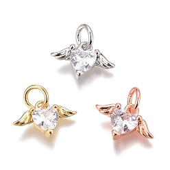 Mixed Color Brass Micro Pave Clear Cubic Zirconia Charms, Long-Lasting Plated, with Jump Rings, Heart with Wing, Mixed Color, 8x12x3mm, Hole: 3mm