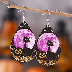 Фиолетовый Серьги из искусственной кожи на Хэллоуин, с серьгами из нержавеющей стали и крючком, слеза с кошкой, платина, фиолетовые, 75x35 мм
