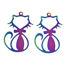 Rainbow Color Ионное покрытие (ip) 201 филигранные подвески из нержавеющей стали, гравированные металлические украшения, кошка, Радуга цветов, 33x20x0.3 мм, отверстие : 1.6 мм