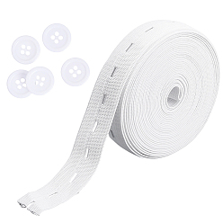 Белый 5м плоский эластичный шнур/тесьма с петлей, с 5шт 4-отверстиями плоские круглые смоляные кнопки, белые, 19 мм
