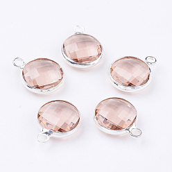 Персиковый Слойка Серебряные плакированные латунным стеклом плоские круглые подвески, граненые, розовые, 16x13x4.5 мм, отверстие : 1.5 мм