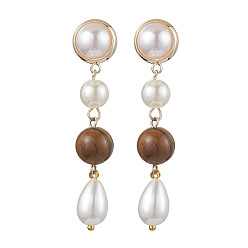 White Acrylic Stud Earring, with Brass Stud Earring Findings, with Shell Pearl and Natural Tiger Eye Beads, Teardrop, Golden, White, 55x12mm