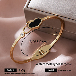 Heart 304 Stainless Steel Black Enamel Hinged Cuff Bangles with Crystal Rhinestone for Women, Golden, Heart, Inner Diameter: 2.36 inch(6cm)