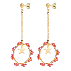 Red Dangle Stud Earrings, with Glass Beads, Seed Beads, Iron Bar Links, 304 Stainless Steel Stud Earring Findings and Charm, Brass Linking Rings and Ear Nuts, Star, Red, 60mm, Pin: 0.8mm