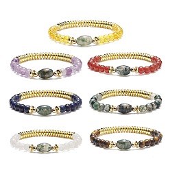 Mixed Stone 7Pcs 7 Style Natural & Synthetic Mixed Gemstone & Brass Beaded Stretch Bracelets Set, Chakra Yoga Stackable Bracelets for Women, Inner Diameter: 2 inch(5.2cm), 1Pc/style