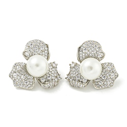 Белый Серьги-пусеты из латуни с микропаве и прозрачным фианитом, с жемчугом из раковины , цветок, платина, белые, 22.5x24 мм