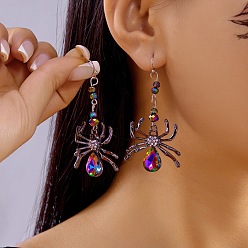 Gunmetal & Platinum Alloy Plastic Dangle Earrings, with Rhinestone Findings, Spider, Gunmetal & Platinum, 67x34mm