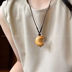 Moon Wood Pendant Adjustable Cotton Cord Long Necklaces for Women, Sandy Brown, Moon, 27.56 inch(70cm)