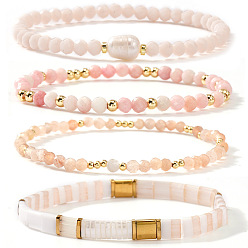 Pink 4шт. 4 стили браслетов из искусственного жемчуга, латуни и стеклянных бусин, эластичные, для женщин, розовые, 6.30 дюйм (16 см) ~ 6.89 дюйм (17.5 см)