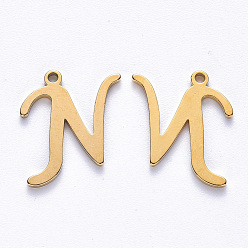 Letter N Recubrimiento al vacío de PVD 201 dijes de acero inoxidable, Corte con laser, real 18 k chapado en oro, letter.n, 13x12x1 mm, agujero: 1 mm