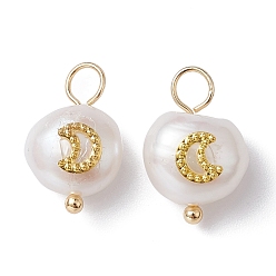 Moon Natural Pearl Pendants, Potato Charms with Golden Plated Brass Slice, Moon, 16~17x10~11x7~8mm, Hole: 3mm
