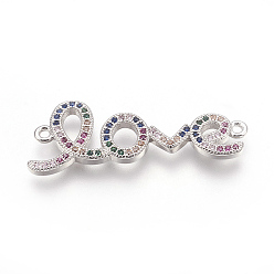 Платина Латунные микро проложить кубическую ссылку циркония, Слово любовь, красочный, платина, 34x13x2 мм, отверстие : 1.2 мм