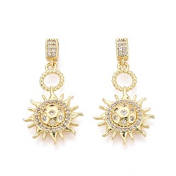 Настоящее золото 18K Латунные микропаве прозрачные подвески с фианитом, солнечные чары, реальный 18 k позолоченный, 26x17x3.5 мм, отверстие : 4x2 мм