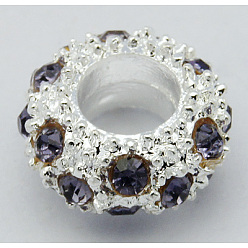 Танзания Европейские бусины, сплав, стразы , бусины с большим отверстием, рондель, серебряный цвет гальваническим, танзанитом, 11x6 мм, отверстие : 5 мм