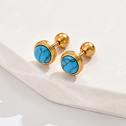 Deep Sky Blue Real 18K Gold Plated 304 Stainless Steel Flat Round Stud Earrings, with Plastic, Deep Sky Blue, 8mm