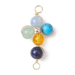 Mixed Stone Mixed Gemstone Connector Charms, Eco-Friendly Light Gold Plated Copper Wire Wrapped Cross Links, 34x17x8mm, Hole: 3mm