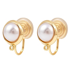Настоящее золото 18K Полукруглые латунные фиксаторы для ушей, с искусственными жемчужинами и петлями из АБС, долговечный, без никеля , реальный 18 k позолоченный, 15x10x12.5 мм, отверстие : 1.2 мм