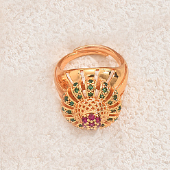 Разноцветный Полые геометрические прочные латунные регулируемые кольца с паве из кубического циркония для женщин, круглые, красочный, 18 мм, внутренний диаметр: 16мм~18мм