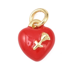 Красный Латунь эмаль прелести, Сердце с розой, с целью перехода в кольце, без кадмия и без свинца, стойки покрытие, долговечный, реальный 18 k позолоченный, красные, 9.5x8x4 мм, отверстие : 3 мм