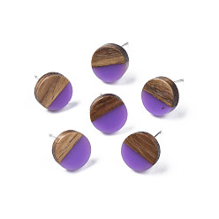 Сине-фиолетовый Серьги-гвоздики из непрозрачной смолы и орехового дерева, с 316 штифтов из нержавеющей стали, плоско-круглые, синий фиолетовый, 10 мм, штифты : 0.7 мм