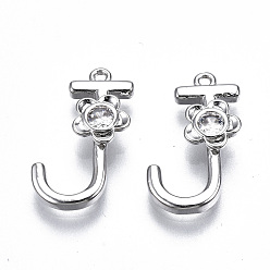 Letter J Латунные подвески, со стразами, без кадмия, без никеля и без свинца, алфавит, платина, letter.j, 18x11x2.5 мм, отверстие : 1 мм