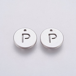 Letter P Не тускнеющие 304 подвески из нержавеющей стали, плоские круглые с буквы, цвет нержавеющей стали, letter.p, 10x1 мм, отверстие : 1 мм