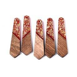 Темно-Красный Подвески из непрозрачной смолы и орехового дерева, подвески для галстука, с блестящей пудрой и золотой фольгой, темно-красный, 48.5~49x12x3~3.5 мм, отверстие : 2 мм