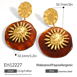 Седло Коричневый Смолы мотаться серьги стержня, плоские круглые с солнцем, реальный 18 k позолоченный, седло коричневый, 52.7x32.1 мм