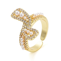 Golden Rack Plating Brass Micro Pave Cubic Zirconia Bowknot Open Cuff Rings for Women, with Plastic Imitation Pearl, Long-Lasting Plated, Cadmium Free & Lead Free, Golden, 19.5mm, Adjustable