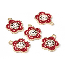 FireBrick Alloy Enamel Pendants, with Crystal Rhinestone, Light Gold, Flower Charms with Evil Eye, FireBrick, 18x15x2mm, Hole: 1.6mm