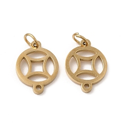 Real 14K Gold Plated Ion Plating(IP) 304 Stainless Steel Connector Charms, with Jump Ring, Flat Round Chinese Coin Links, Real 14K Gold Plated, 11x8x1mm, Hole: 0.9mm