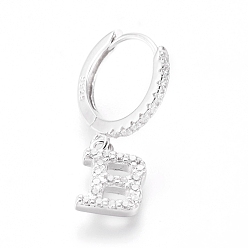 Letter B Rhodium Plated 925 Sterling Silver Hoop Earrings, Dangle Earrings, with Cubic Zirconia, with S925 Stamp, Letter, Clear, Platinum, Letter.B, 20mm, Pendants: about 8.5x6x1.5mm, Pin: 0.6mm