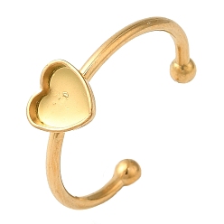Настоящее золото 18K Ионное покрытие (IP) 304 Компоненты открытого манжетного кольца из нержавеющей стали, настройка кольца колодки, сердце, реальный 18 k позолоченный, лоток : 6x6 мм, 1.5 мм, регулируемый