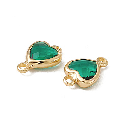 Emerald Transparent K9 Glass Connector Charms, Heart Links, with Light Gold Tone Brass Findings, Emerald, 14x8.5x3.7mm, Hole: 1.8mm