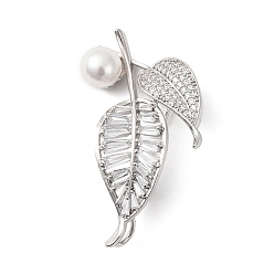 Платина Латунь кубических броши диоксида циркония, с акриловой жемчужины, лист, платина, 51x26.5 мм