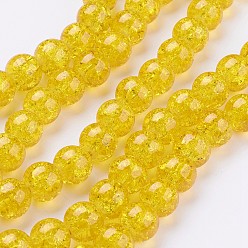 Gold Spray Painted Crackle Glass Beads Strands, Round, Gold, 10mm, Hole: 1.3~1.6mm, about 80pcs/strand, 31.4 inch
