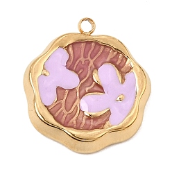 Pink 304 Stainless Steel Pendants, with Enamel, Round with Flower Charms, Golden, Pink, 19x17x3mm, Hole: 1.2mm