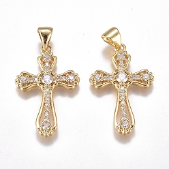 Golden Brass Micro Pave Cubic Zirconia Pendants, Cadmium Free & Lead Free, Long-Lasting Plated, Cross, Clear, Golden, 25.5x16.5x3mm, Hole: 4x5mm