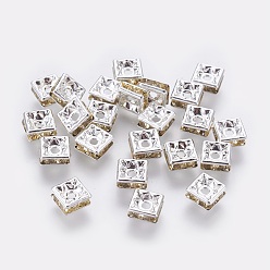 Jonquil Brass Rhinestone Spacer Beads, Grade A, Nickel Free, Silver Color Plated, Square, Jonquil, 6x6x3mm, Hole: 1mm
