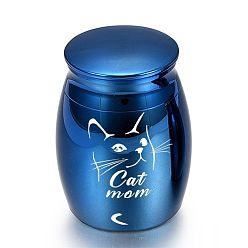 Blue Aluminium Alloy Cremation Urn, For Commemorate Pet Cat Cremains Container, Column with Cat & Word Cat Mom Pattern, Blue, 30x40mm