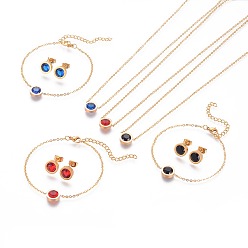 Couleur Mélangete 304 définit bijoux en acier inoxydable, avec strass, colliers de chaînes de câble, bracelets et boucles d'oreilles, avec écrou d'oreille / boucle d'oreille en arrière, plat rond, or, couleur mixte, 17.9 pouce (45.5 cm), 6-3/4 pouce (17 cm), 16x9.5x4mm, pin: 0.7 mm